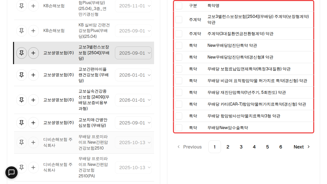 검색 페이지의 특약 목록. 체크된 특약 항목 영역에 빨간 박스.